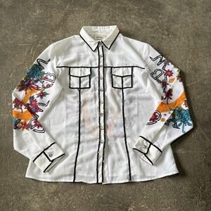 Wrangler Shirt Womens M White Sequin Western Double D Floral Rodeo Button Up